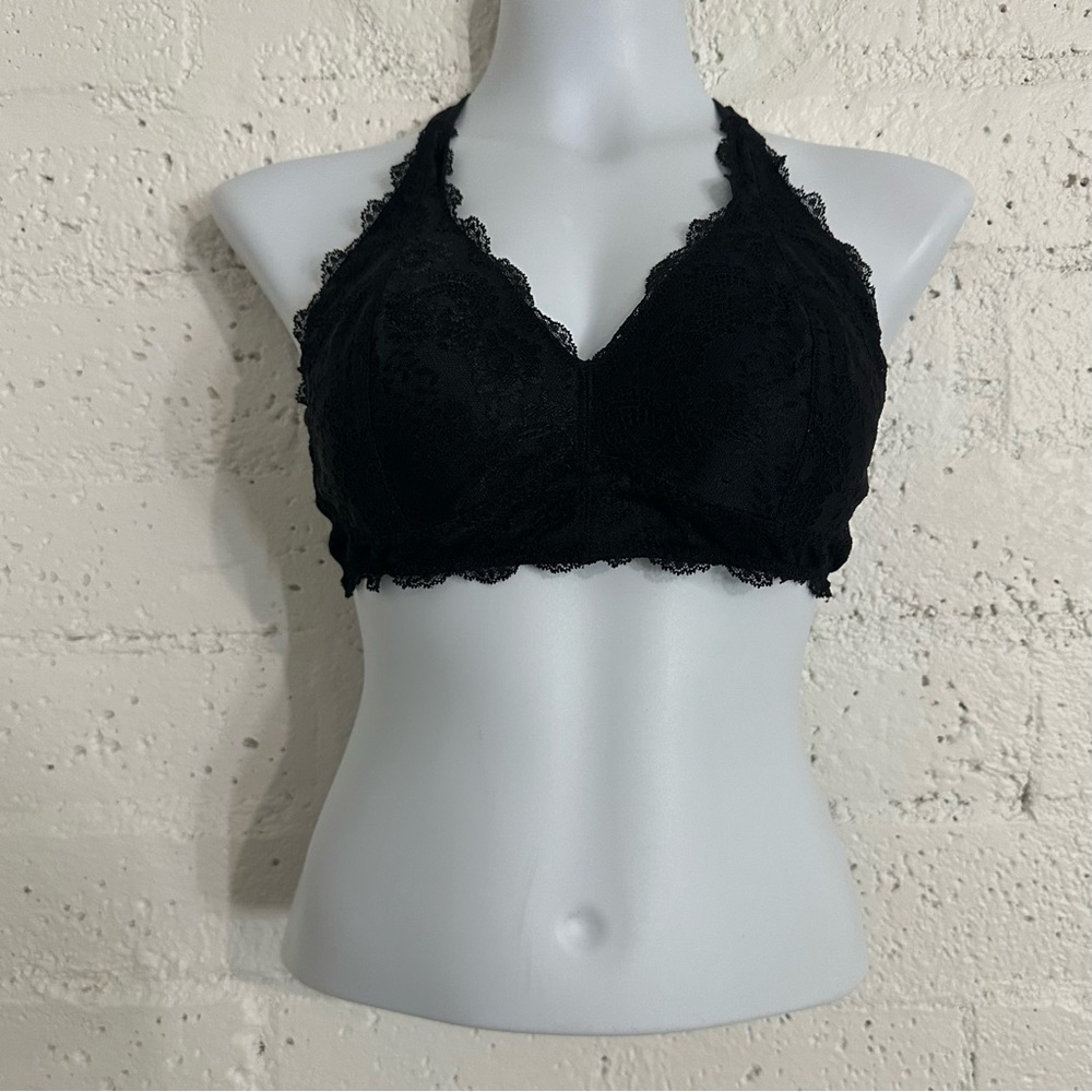 Felina Halter Bralette L Black Lace Wireless Lightly Lined BQ11